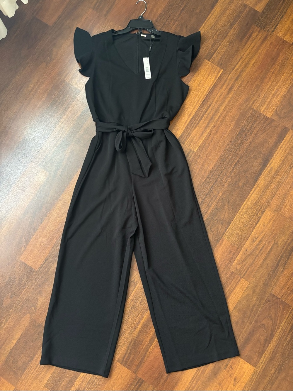 Tahari Black V-Neck Tie-Waist Jumpsuit with Flutter Sleeves